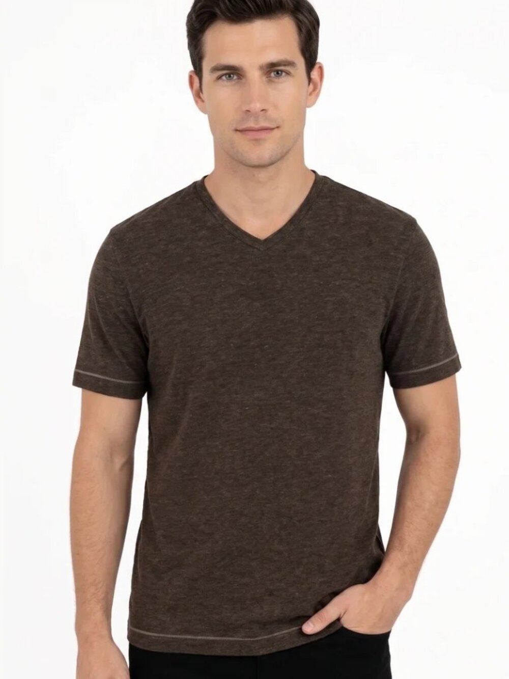 Nicoby Age of Wisdom Heather Brown Crinkle Textured V-Neck Tee/30537